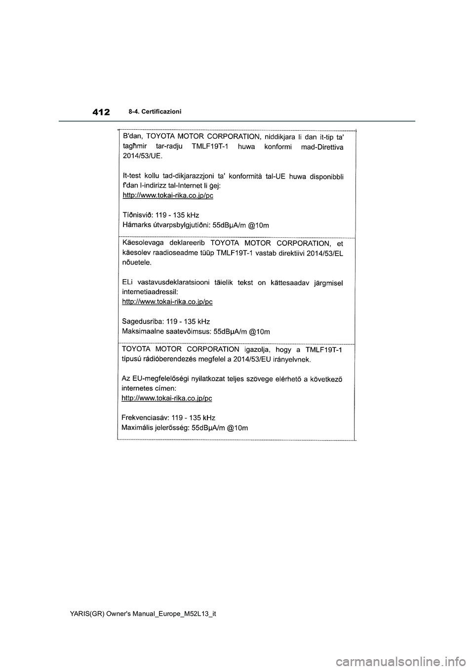 TOYOTA GR YARIS 2020 Manuale duso (in Italian) 412
YARIS(GR) Owners Manual_Europe_M52L13_it
8-4. Certificazioni TOYOTA GR YARIS 2020 Manuale duso (in Italian) 412
YARIS(GR) Owners Manual_Europe_M52L13_it
8-4. Certificazioni