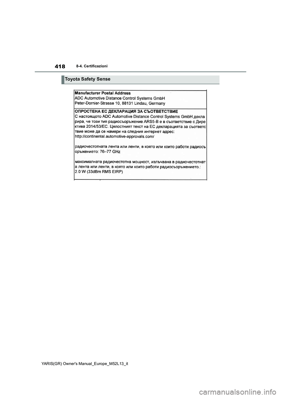 TOYOTA GR YARIS 2020 Manuale duso (in Italian) 418
YARIS(GR) Owners Manual_Europe_M52L13_it
8-4. Certificazioni
Toyota Safety Sense TOYOTA GR YARIS 2020 Manuale duso (in Italian) 418
YARIS(GR) Owners Manual_Europe_M52L13_it
8-4. Certificazioni
Toyota Safety Sense