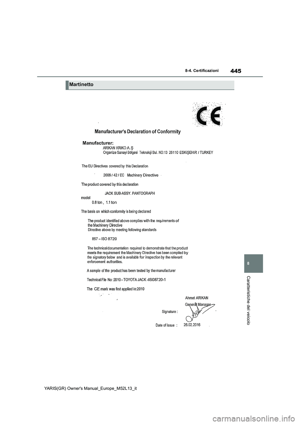 TOYOTA GR YARIS 2020  Manuale duso (in Italian) 445
8
YARIS(GR) Owners Manual_Europe_M52L13_it
8-4. Certificazioni
Caratteristiche del veicolo
Martinetto 