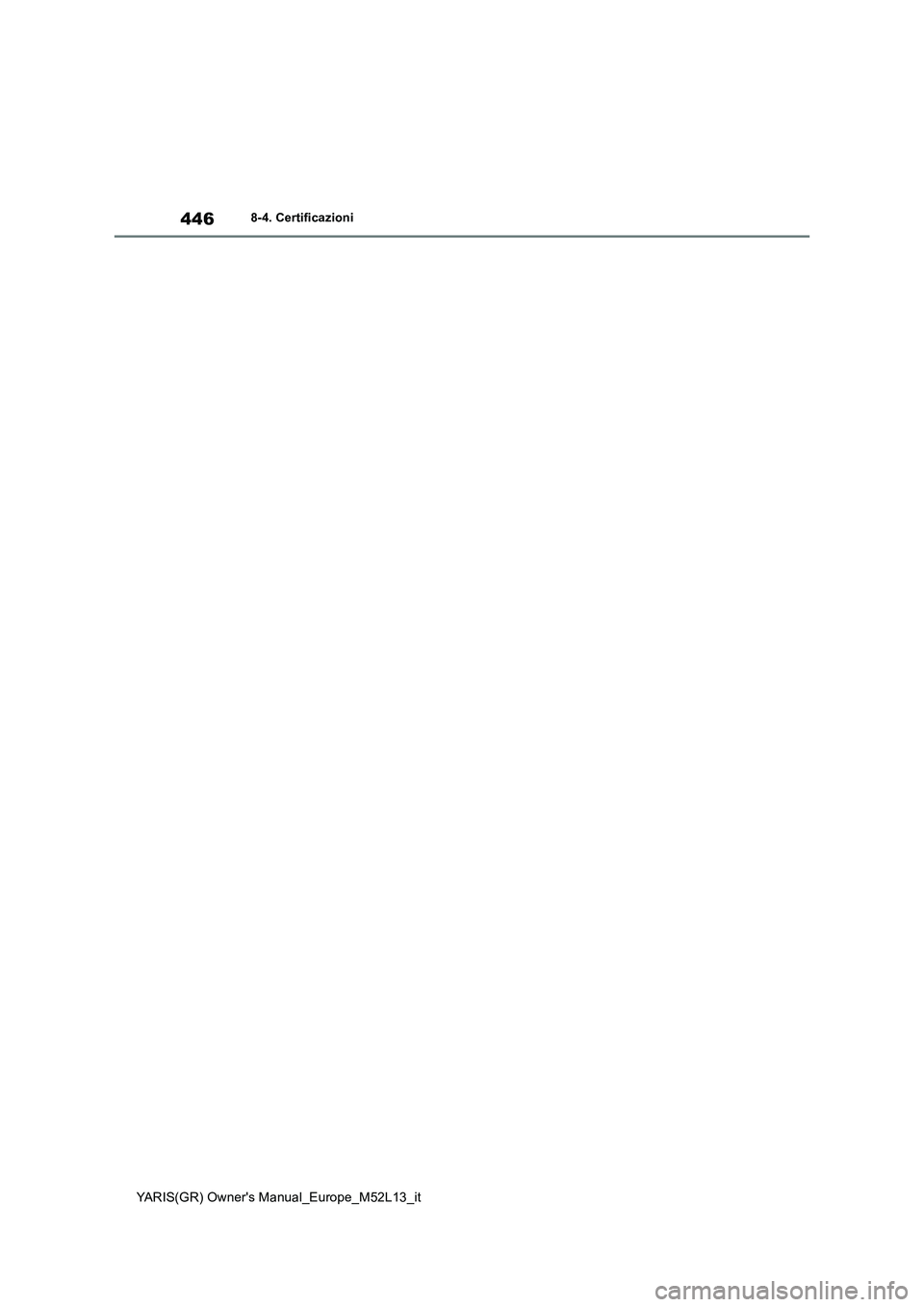 TOYOTA GR YARIS 2020  Manuale duso (in Italian) 446
YARIS(GR) Owners Manual_Europe_M52L13_it
8-4. Certificazioni 