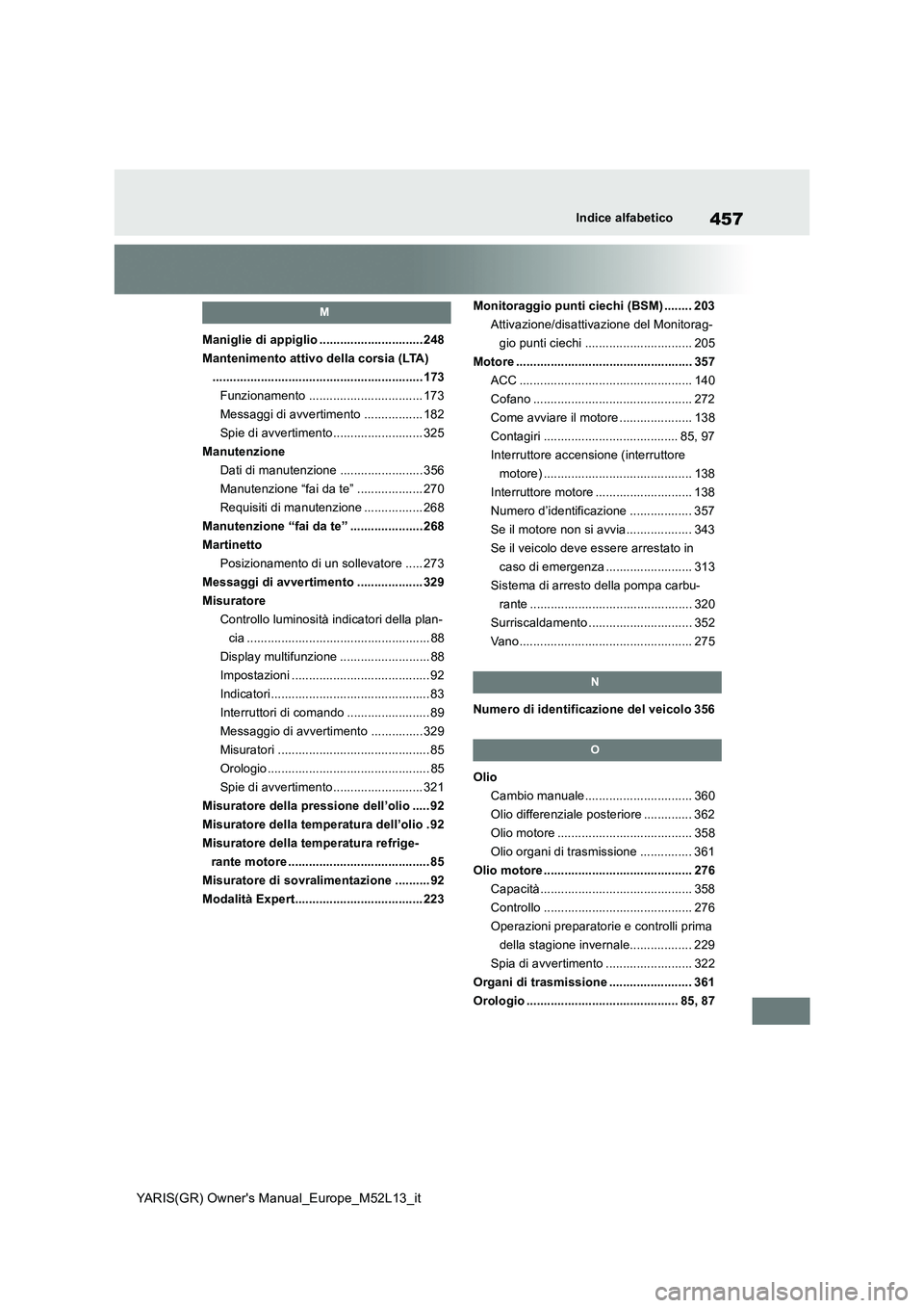 TOYOTA GR YARIS 2020 Manuale duso (in Italian) 457
YARIS(GR) Owner's Manual_Europe_M52L13_it
Indice alfabetico
M
Maniglie di appiglio .............................. 248
Mantenimento attivo della corsia (LTA)
................................... TOYOTA GR YARIS 2020 Manuale duso (in Italian) 457
YARIS(GR) Owner's Manual_Europe_M52L13_it
Indice alfabetico
M
Maniglie di appiglio .............................. 248
Mantenimento attivo della corsia (LTA)
...................................