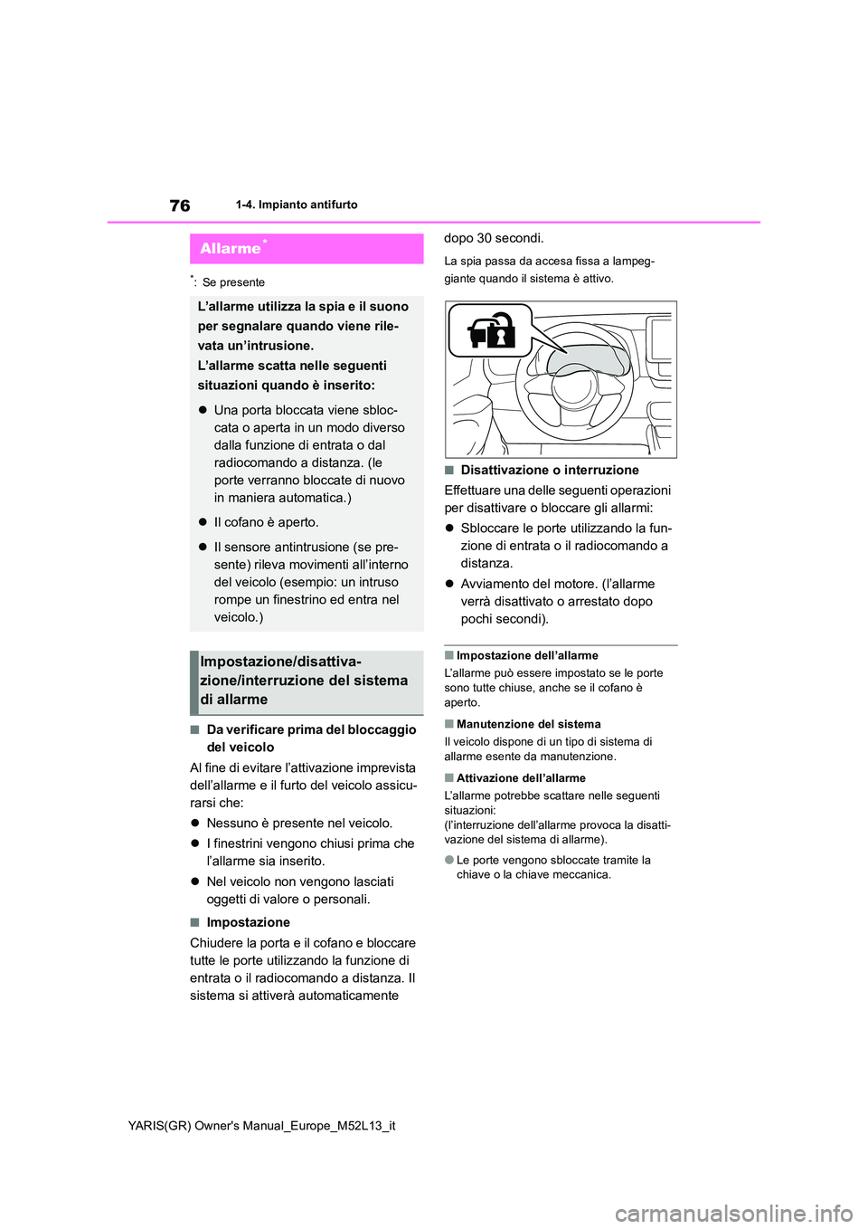 TOYOTA GR YARIS 2020 Manuale duso (in Italian) 76
YARIS(GR) Owners Manual_Europe_M52L13_it
1-4. Impianto antifurto
*: Se presente
■Da verificare prima del bloccaggio
del veicolo
Al fine di evitare l’attivazione imprevista
dell’allarme TOYOTA GR YARIS 2020 Manuale duso (in Italian) 76
YARIS(GR) Owners Manual_Europe_M52L13_it
1-4. Impianto antifurto
*: Se presente
■Da verificare prima del bloccaggio
del veicolo
Al fine di evitare l’attivazione imprevista
dell’allarme