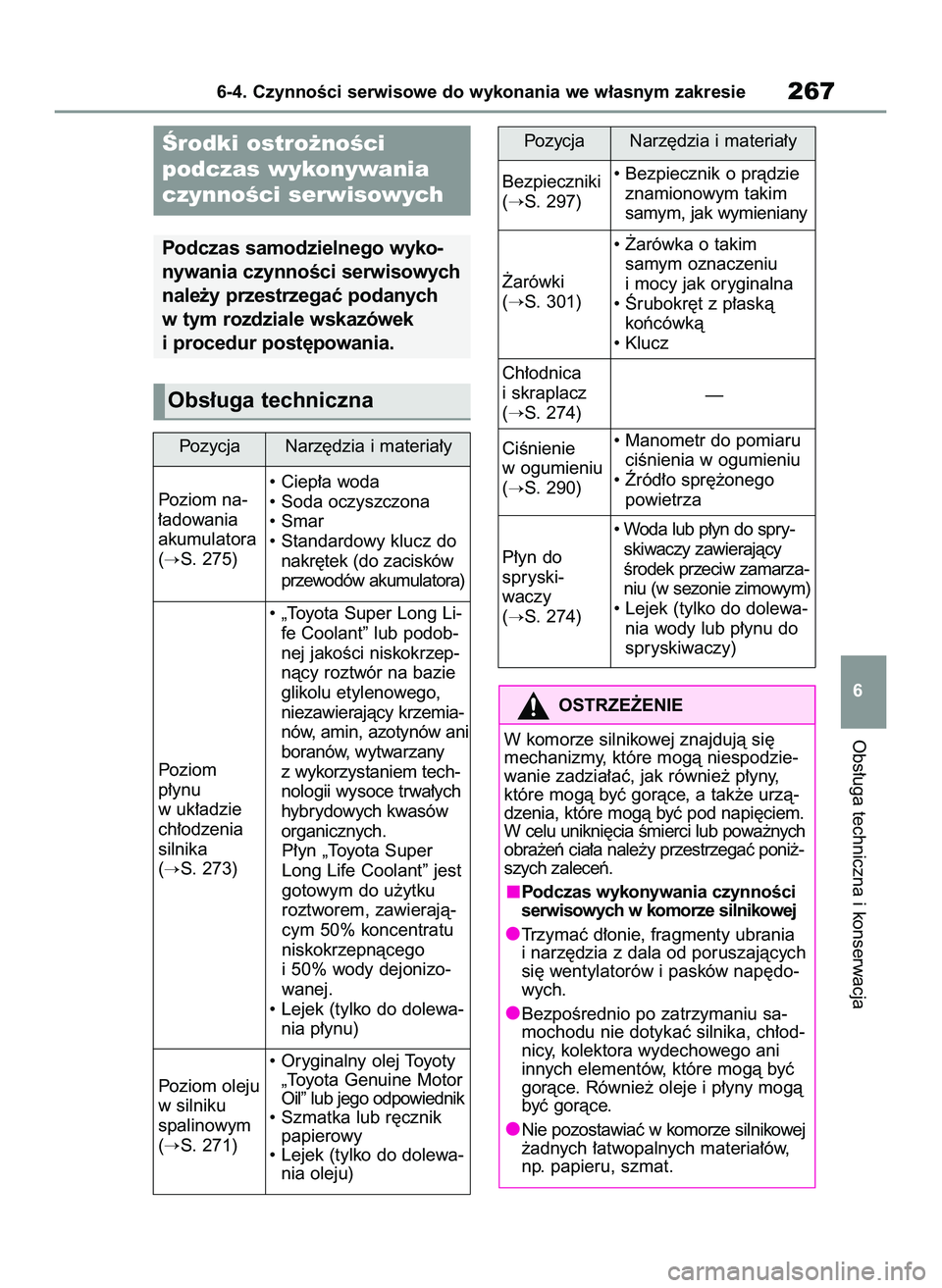 TOYOTA GR YARIS 2021  Instrukcja obsługi (in Polish) Obs∏uga techniczna i konserwacja
6-4. CzynnoÊci serwisowe do wykonania we w∏asnym zakresie267
6
Ârodki ostro˝noÊci 
podczas wykonywania
czynnoÊci serwisowych
Podczas samodzielnego wyko-
nywan