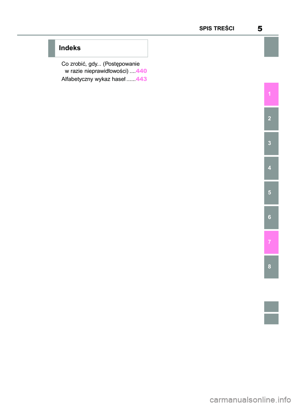 TOYOTA GR YARIS 2021  Instrukcja obsługi (in Polish) Co zrobiç, gdy... (Post´powanie
w razie nieprawid∏owoÊci) ....440
Alfabetyczny wykaz hase∏ ......443
5SPIS TREÂCI
Indeks
1
2
3
4
5
6
7
8
69 Yaris GR OM52L09E+  12/16/20  10:51 AM  Page 5 