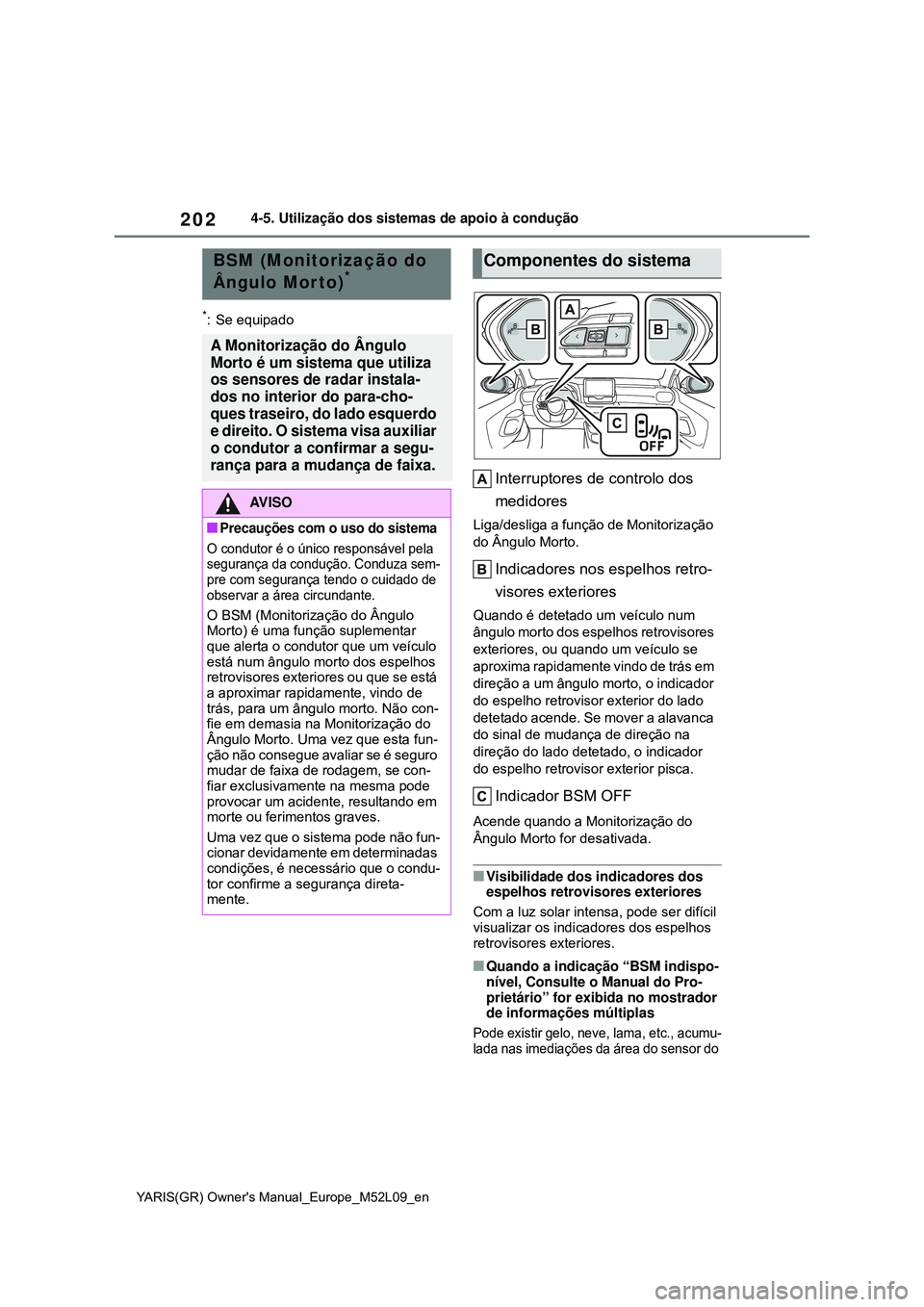 TOYOTA GR YARIS 2021 Manual de utilização (in Portuguese) 202
YARIS(GR) Owners Manual_Europe_M52L09_en
4-5. Utilização dos sistemas de apoio à condução
*: Se equipado
Interruptores de controlo dos
medidores
Liga/desliga a função de Monitorização
TOYOTA GR YARIS 2021 Manual de utilização (in Portuguese) 202
YARIS(GR) Owners Manual_Europe_M52L09_en
4-5. Utilização dos sistemas de apoio à condução
*: Se equipado
Interruptores de controlo dos
medidores
Liga/desliga a função de Monitorização