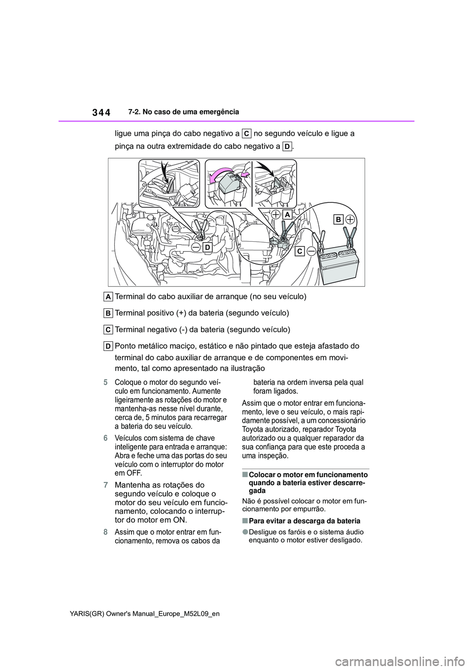 TOYOTA GR YARIS 2021  Manual de utilização (in Portuguese) 344
YARIS(GR) Owners Manual_Europe_M52L09_en
7-2. No caso de uma emergência
ligue uma pinça do cabo negativo a   no segundo veículo e ligue a 
pinça na outra extremidade do cabo negativo a  .
Ter
