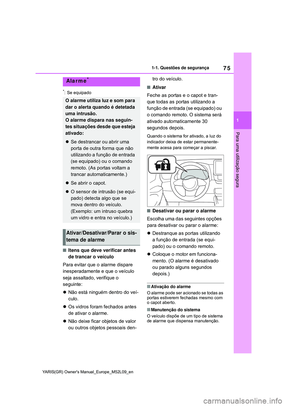 TOYOTA GR YARIS 2021 Manual de utilização (in Portuguese) 75
1
YARIS(GR) Owners Manual_Europe_M52L09_en
1-1. Questões de segurança
Para uma utilização segura
*: Se equipado
Itens que deve verificar antes
de trancar o veículo
Para evitar que o alarm TOYOTA GR YARIS 2021 Manual de utilização (in Portuguese) 75
1
YARIS(GR) Owners Manual_Europe_M52L09_en
1-1. Questões de segurança
Para uma utilização segura
*: Se equipado
Itens que deve verificar antes
de trancar o veículo
Para evitar que o alarm
