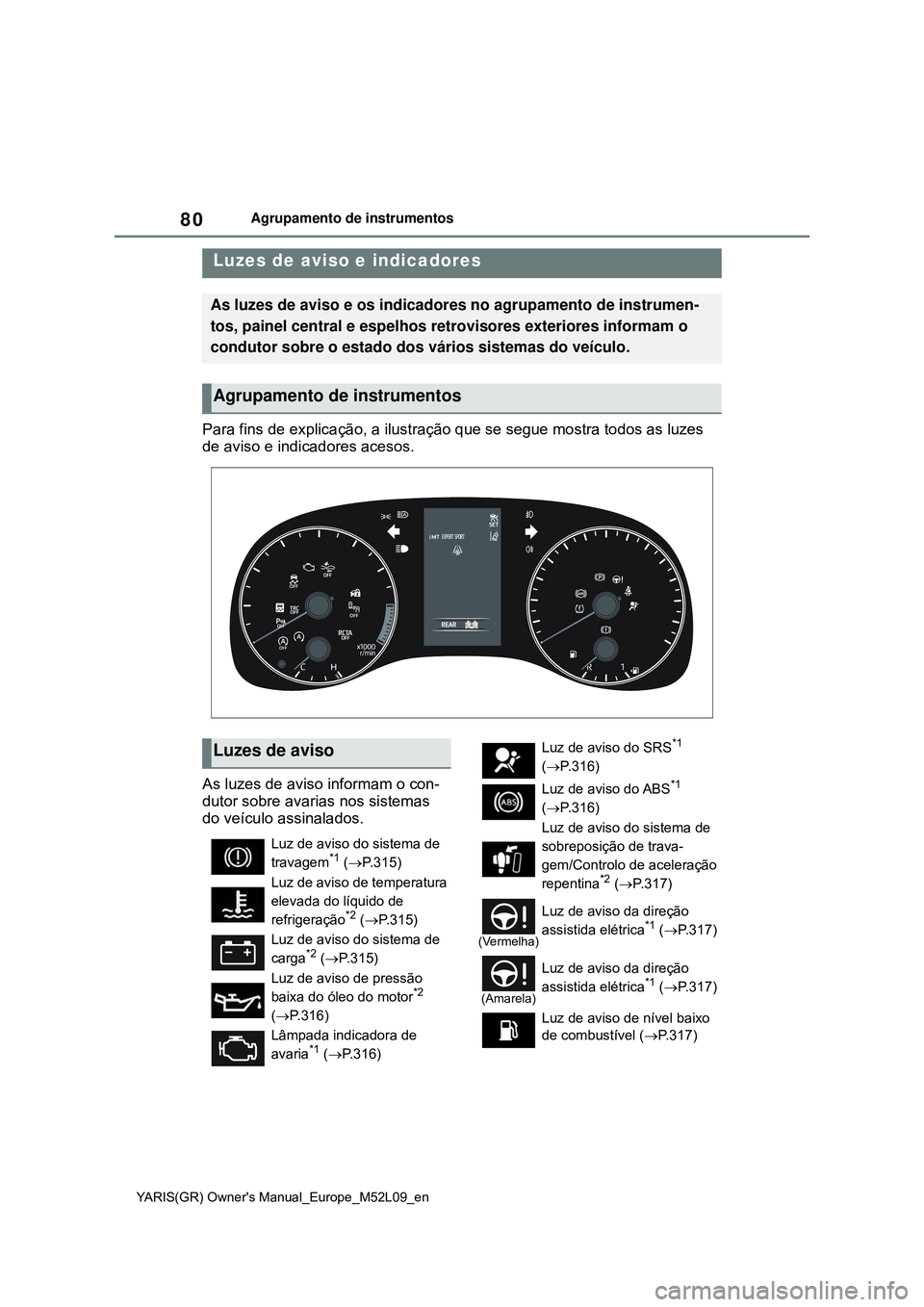 TOYOTA GR YARIS 2021 Manual de utilização (in Portuguese) 80
YARIS(GR) Owners Manual_Europe_M52L09_en
Agrupamento de instrumentos
2-1.Instrument cluster
Para fins de explicação, a ilustração que se segue mostra todos as luzes
de aviso e indicadores ace TOYOTA GR YARIS 2021 Manual de utilização (in Portuguese) 80
YARIS(GR) Owners Manual_Europe_M52L09_en
Agrupamento de instrumentos
2-1.Instrument cluster
Para fins de explicação, a ilustração que se segue mostra todos as luzes
de aviso e indicadores ace