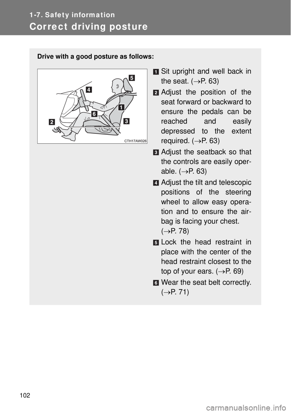 TOYOTA GT86 2014  Owners Manual 102
1-7. Safety information
Correct driving posture
Drive with a good posture as follows:
Sit upright and well back in
the seat. (P.  6 3 )
Adjust the position of the
seat forward or backward to
en