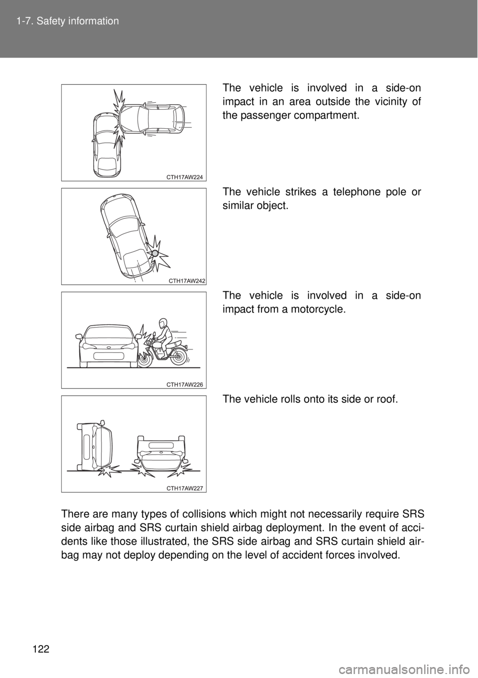 TOYOTA GT86 2014  Owners Manual 122 1-7. Safety information
There are many types of collisions which might not necessarily require SRS
side airbag and SRS curtain shield airbag deployment. In the event of acci-
dents like those illu