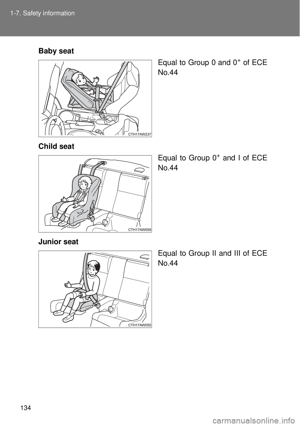 TOYOTA GT86 2014  Owners Manual 134 1-7. Safety information
Baby seat
Equal to Group 0 and 0
+ of ECE
No.44
Child seat
Equal to Group 0
+ and I of ECE
No.44
Junior seat
Equal to Group II and III of ECE
No.44 