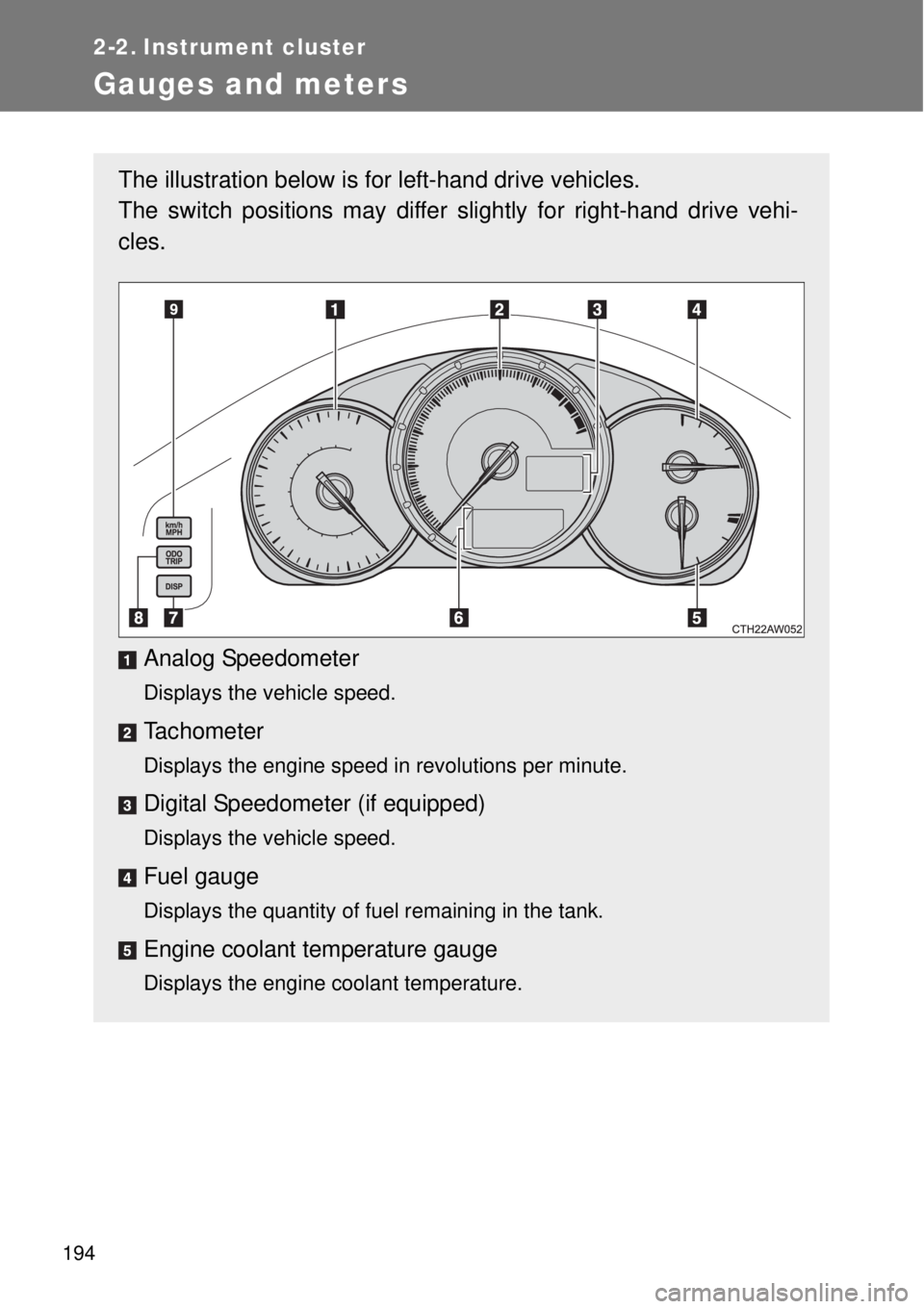 TOYOTA GT86 2014  Owners Manual 194
2-2. Instrument cluster
Gauges and meters
The illustration below is for left-hand drive vehicles. 
The switch positions may differ slightly for right-hand drive vehi-
cles.
Analog Speedometer
Disp