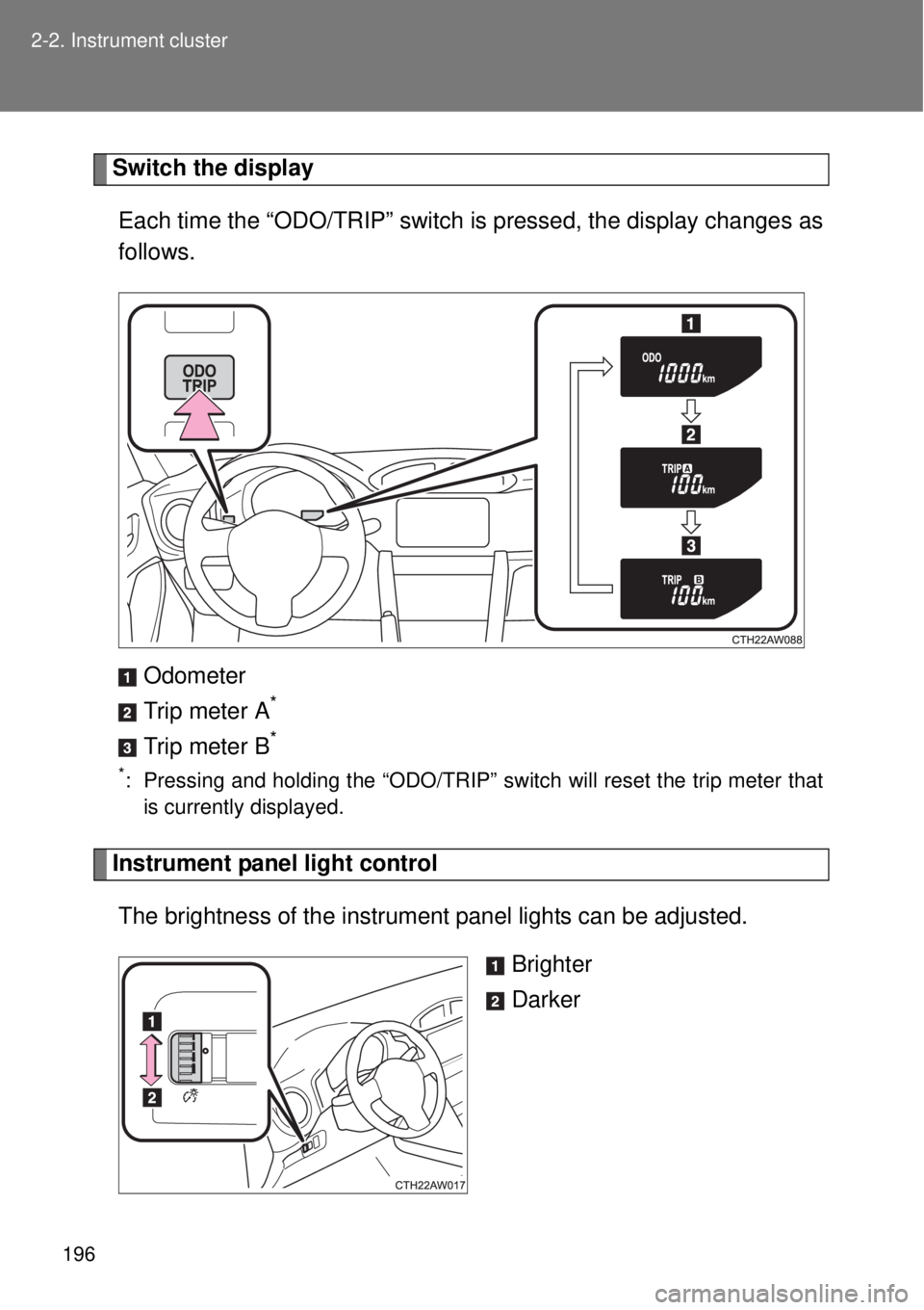 TOYOTA GT86 2014  Owners Manual 196 2-2. Instrument cluster
Switch the display
Each time the “ODO/TRIP” switch is pressed, the display changes as
follows.
Odometer
Trip meter A
*
Trip meter B*
*: Pressing and holding the “ODO/