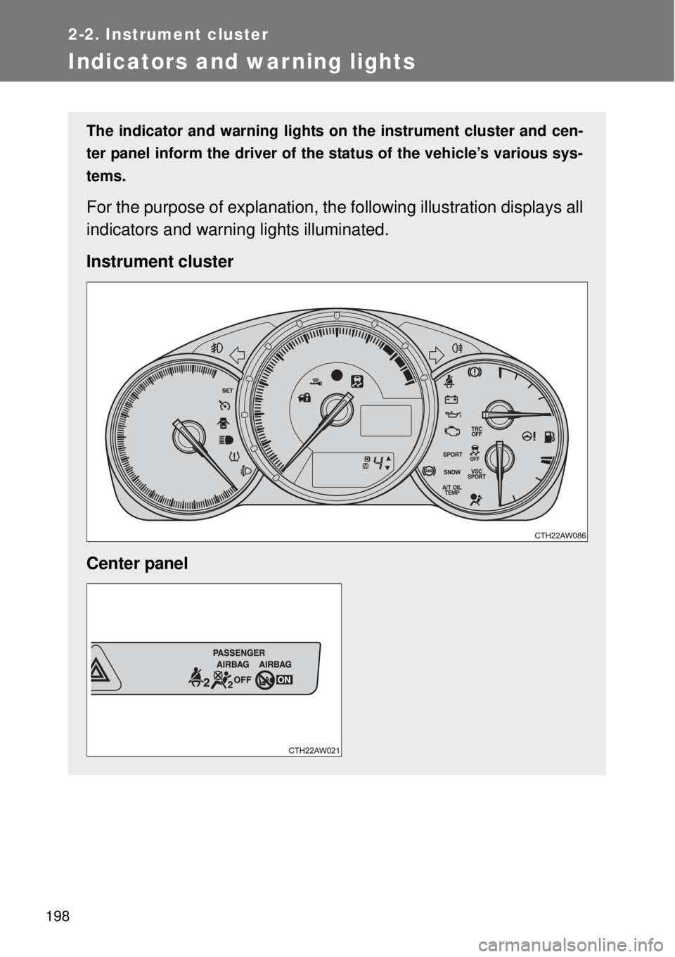 TOYOTA GT86 2014  Owners Manual 198
2-2. Instrument cluster
Indicators and warning lights
The indicator and warning lights on the instrument cluster and cen-
ter panel inform the driver of the status of the vehicle’s various sys-
