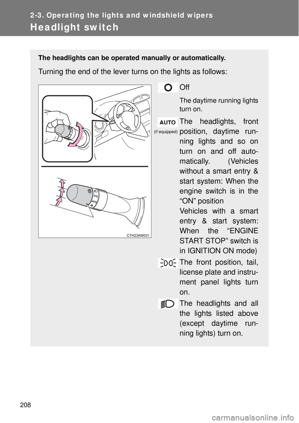 TOYOTA GT86 2014  Owners Manual 208
2-3. Operating the lights and windshield wipers
Headlight switch
The headlights can be operated manually or automatically.
Turning the end of the lever turns on the lights as follows:
Off
The dayt