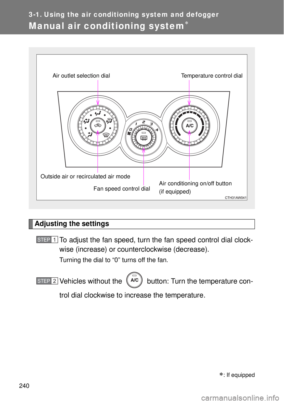 TOYOTA GT86 2014  Owners Manual 240
3-1. Using the air conditioning system and defogger
Manual air conditioning system
Adjusting the settings
To adjust the fan speed, turn the fan speed control dial clock-
wise (increase) or coun