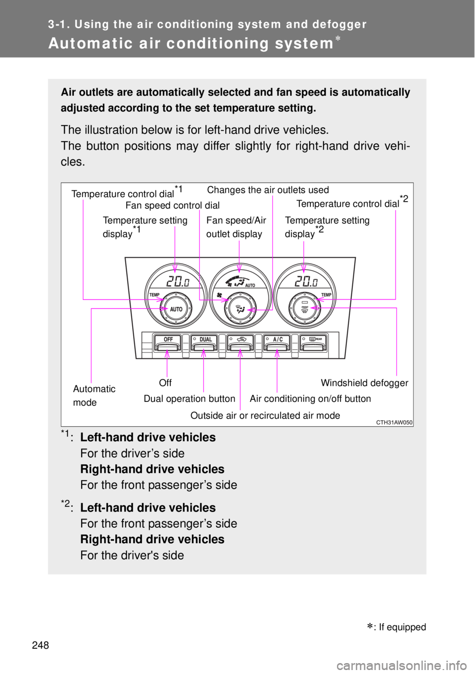 TOYOTA GT86 2014  Owners Manual 248
3-1. Using the air conditioning system and defogger
Automatic air conditioning system
Air outlets are automatically selected and fan speed is automatically
adjusted according to the set tempera
