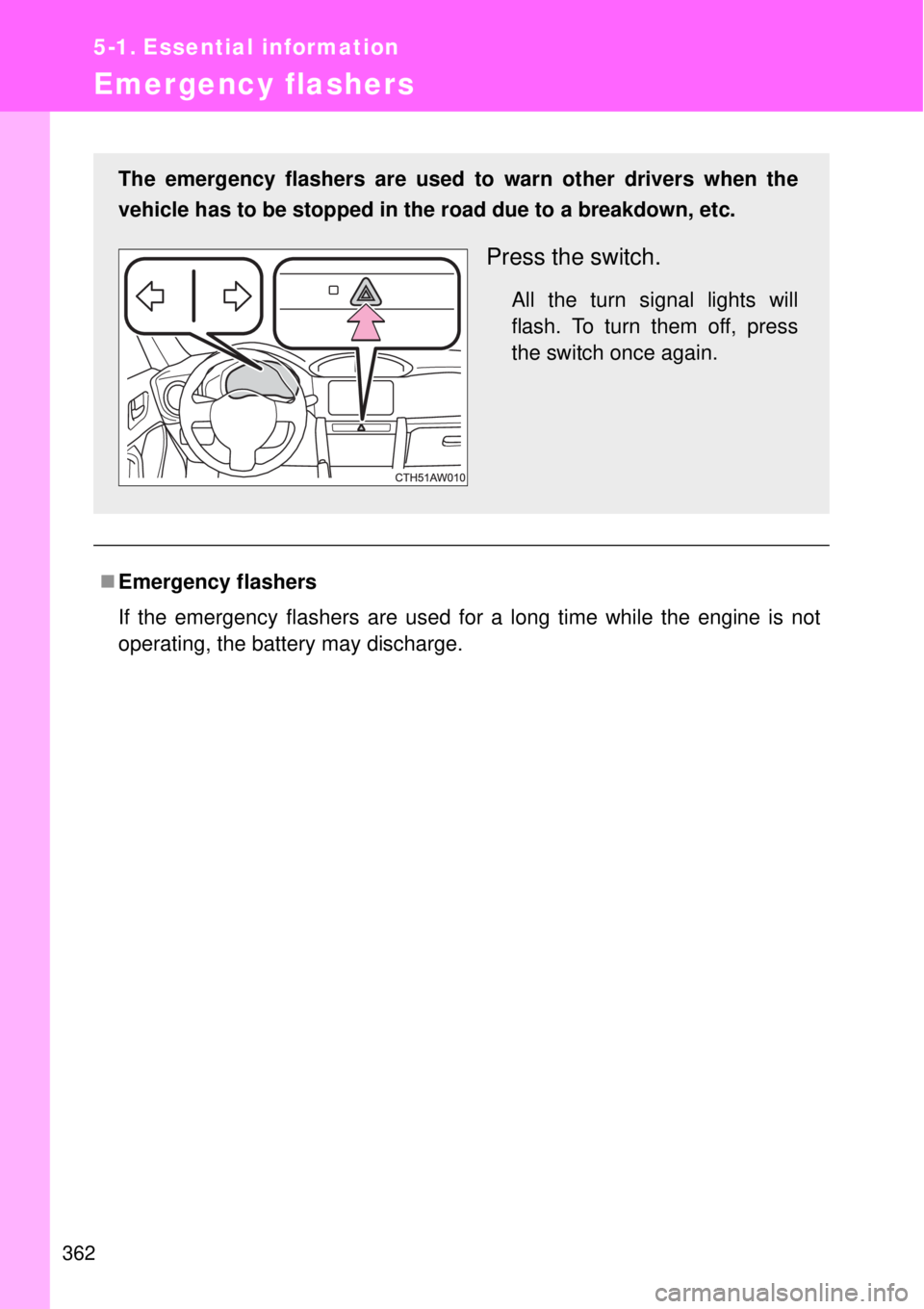 TOYOTA GT86 2014  Owners Manual 362
5-1. Essential information
Emergency flashers
Emergency flashers
If the emergency flashers are used for a long time while the engine is not
operating, the battery may discharge.
The emergency f