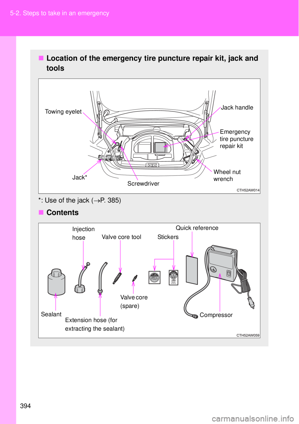 TOYOTA GT86 2014  Owners Manual 394 5-2. Steps to take in an emergency
Location of the emergency tire puncture repair kit, jack and
tools
*: Use of the jack (P. 385)
Contents
ScrewdriverEmergency
tire puncture 
repair kitJa