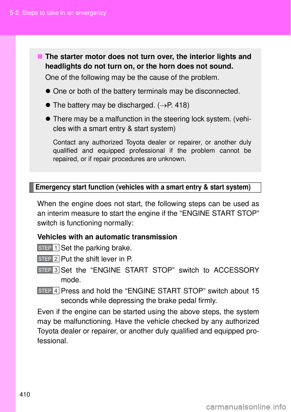TOYOTA GT86 2014  Owners Manual 410 5-2. Steps to take in an emergency
Emergency start function (vehicles with a smart entry & start system)
When the engine does not start, the following steps can be used as
an interim measure to st