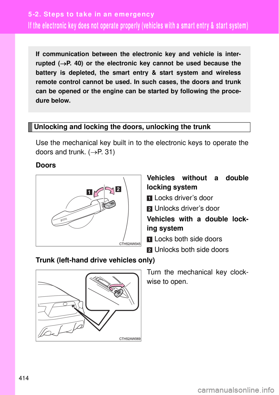 TOYOTA GT86 2014  Owners Manual 414
5-2. Steps to take in an emergency
If the electronic key does not operate properly (vehicles with a smart entr y & start system)
Unlocking and locking the doors, unlocking the trunk
Use the mechan