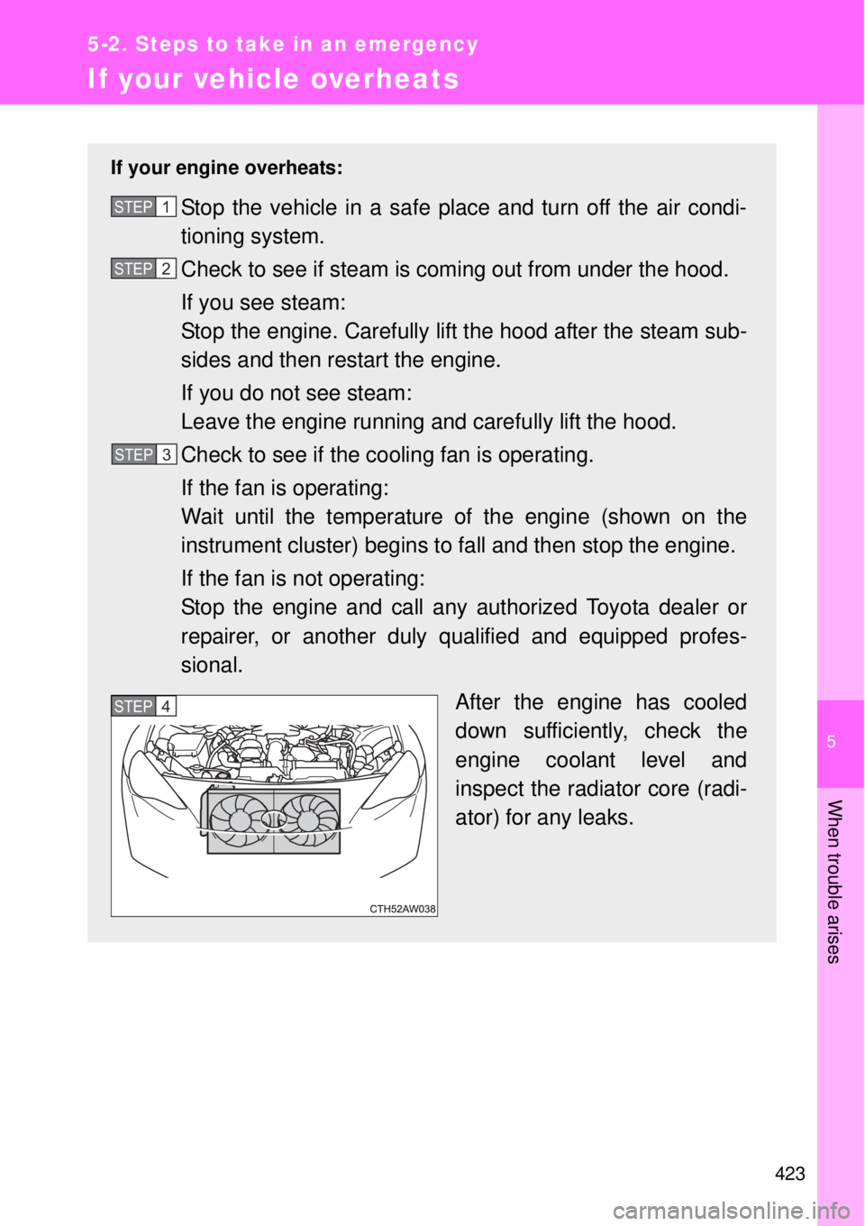 TOYOTA GT86 2014  Owners Manual 5
423
5-2. Steps to take in an emergency
When trouble arises
If your vehicle overheats
If your engine overheats:
Stop the vehicle in a safe place and turn off the air condi-
tioning system.
Check to s