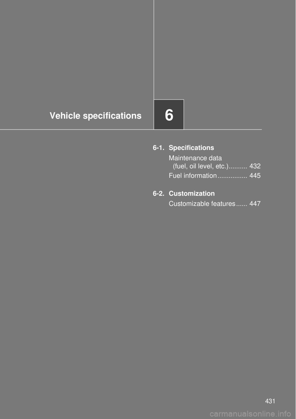 TOYOTA GT86 2014  Owners Manual 6Vehicle specifications
431
6-1. Specifications
Maintenance data 
(fuel, oil level, etc.)..........  432
Fuel information ................  445
6-2. Customization
Customizable features ......  447 