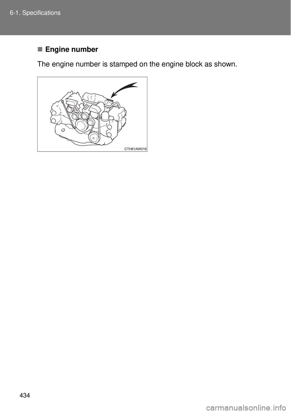 TOYOTA GT86 2014  Owners Manual 434 6-1. Specifications
Engine number
The engine number is stamped on the engine block as shown. 