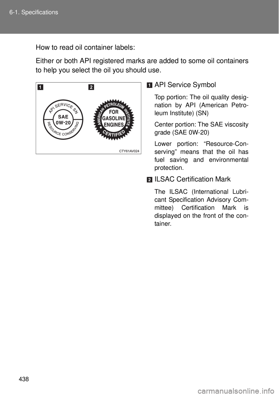 TOYOTA GT86 2014  Owners Manual 438 6-1. Specifications
How to read oil container labels:
Either or both API registered marks are added to some oil containers
to help you select the oil you should use.
API Service Symbol
Top portion