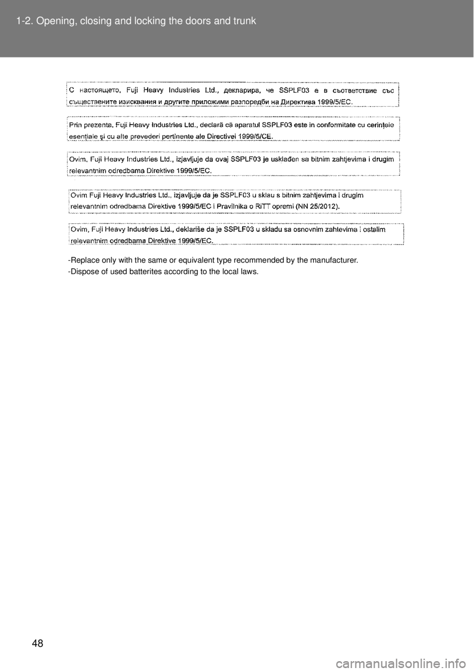 TOYOTA GT86 2014 Service Manual 48 1-2. Opening, closing and locking the doors and trunk
-Replace only with the same or equivalent type recommended by the manufacturer.
-Dispose of used batterites according to the local laws. 