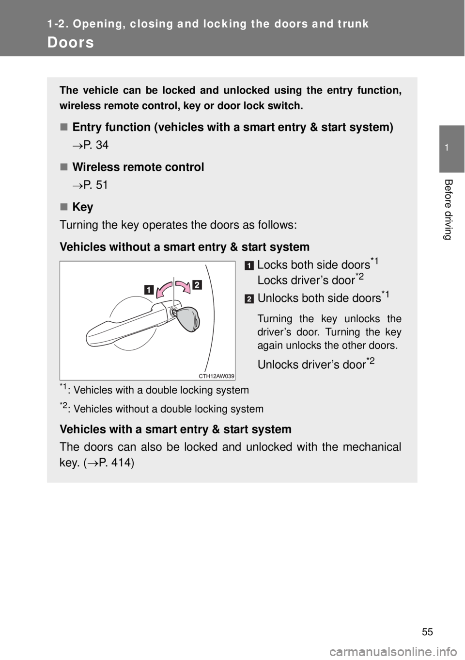 TOYOTA GT86 2014 Workshop Manual 55
1
1-2. Opening, closing and locking the doors and trunk
Before driving
Doors
The vehicle can be locked and unlocked using the entry function,
wireless remote control, key or door lock switch.
En