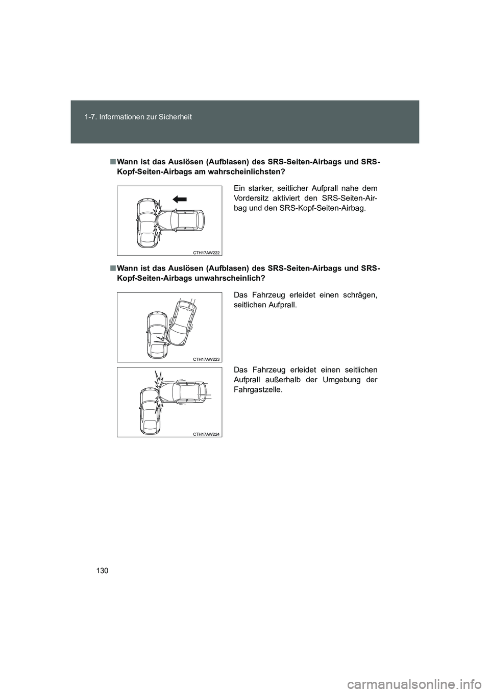 TOYOTA GT86 2014 Betriebsanleitungen (in German) 130 1-7. Informationen zur Sicherheit
FT86_EM
■Wann ist das Auslösen (Aufblasen) des SRS-Seiten-Airbags und SRS-
Kopf-Seiten-Airbags am wahrscheinlichsten?
■Wann ist das Auslösen (Aufblasen) des TOYOTA GT86 2014 Betriebsanleitungen (in German) 130 1-7. Informationen zur Sicherheit
FT86_EM
■Wann ist das Auslösen (Aufblasen) des SRS-Seiten-Airbags und SRS-
Kopf-Seiten-Airbags am wahrscheinlichsten?
■Wann ist das Auslösen (Aufblasen) des
