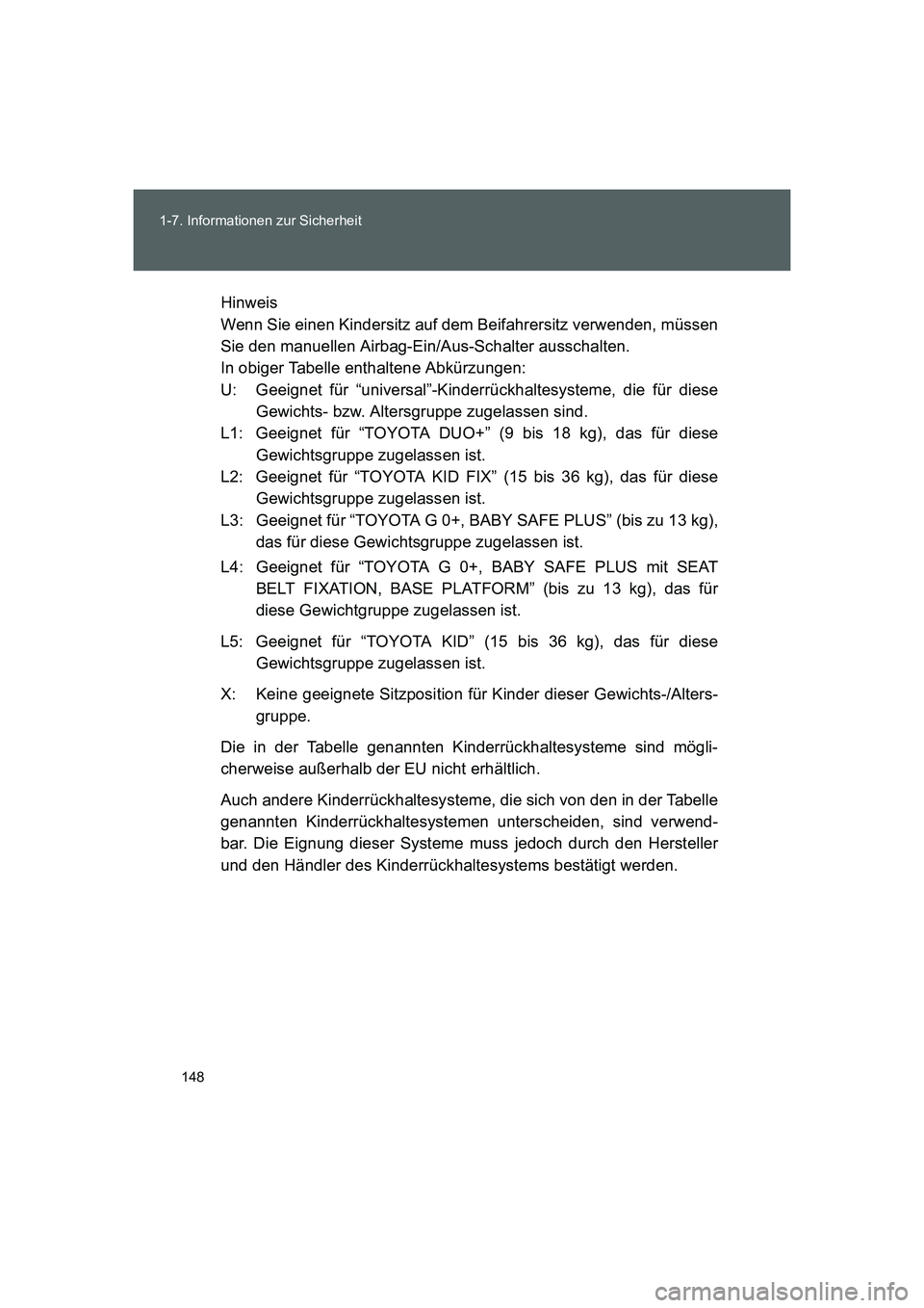 TOYOTA GT86 2014 Betriebsanleitungen (in German) 148 1-7. Informationen zur Sicherheit
FT86_EMHinweis
Wenn Sie einen Kindersitz auf dem Beifahrersitz verwenden, müssen
Sie den manuellen Airbag-Ein/Aus-Schalter ausschalten.
In obiger Tabelle enthalt TOYOTA GT86 2014 Betriebsanleitungen (in German) 148 1-7. Informationen zur Sicherheit
FT86_EMHinweis
Wenn Sie einen Kindersitz auf dem Beifahrersitz verwenden, müssen
Sie den manuellen Airbag-Ein/Aus-Schalter ausschalten.
In obiger Tabelle enthalt