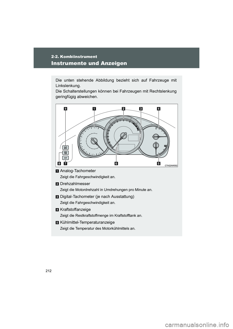 TOYOTA GT86 2014 Betriebsanleitungen (in German) 212
FT86_EM
2-2. Kombiinstrument
Instrumente und Anzeigen
Die unten stehende Abbildung bezieht sich auf Fahrzeuge mit
Linkslenkung.
Die Schalterstellungen können bei Fahrzeugen mit Rechtslenkung
ger TOYOTA GT86 2014 Betriebsanleitungen (in German) 212
FT86_EM
2-2. Kombiinstrument
Instrumente und Anzeigen
Die unten stehende Abbildung bezieht sich auf Fahrzeuge mit
Linkslenkung.
Die Schalterstellungen können bei Fahrzeugen mit Rechtslenkung
ger