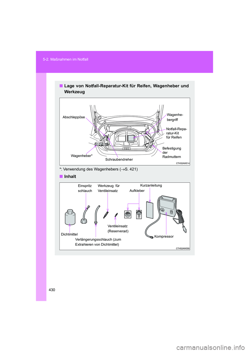 TOYOTA GT86 2014  Betriebsanleitungen (in German) 430 5-2. Maßnahmen im Notfall
FT86_EM
■Lage von Notfall-Reparatur-Kit für Reifen, Wagenheber und
Werkzeug
*: Verwendung des Wagenhebers (→S. 421)
■Inhalt
SchraubendreherNotfall-Repa-
ratur-Kit