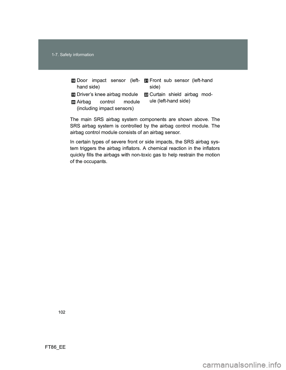 TOYOTA GT86 2012 Owners Manual 102 1-7. Safety information
FT86_EEThe main SRS airbag system components are shown above. The
SRS airbag system is controlled by the airbag control module. The
airbag control module consists of an air TOYOTA GT86 2012 Owners Manual 102 1-7. Safety information
FT86_EEThe main SRS airbag system components are shown above. The
SRS airbag system is controlled by the airbag control module. The
airbag control module consists of an air