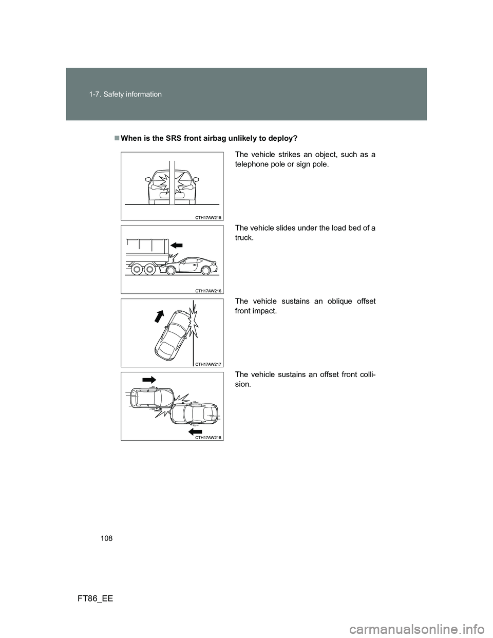 TOYOTA GT86 2012 Owners Manual 108 1-7. Safety information
FT86_EE
When is the SRS front airbag unlikely to deploy?
The vehicle strikes an object, such as a
telephone pole or sign pole.
The vehicle slides under the load bed of a TOYOTA GT86 2012 Owners Manual 108 1-7. Safety information
FT86_EE
When is the SRS front airbag unlikely to deploy?
The vehicle strikes an object, such as a
telephone pole or sign pole.
The vehicle slides under the load bed of a
