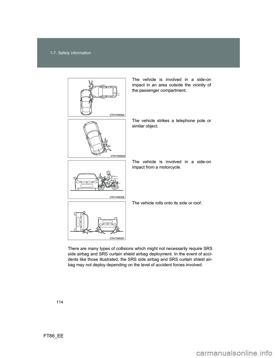 TOYOTA GT86 2012 Owners Manual 114 1-7. Safety information
FT86_EE
There are many types of collisions which might not necessarily require SRS
side airbag and SRS curtain shield airbag deployment. In the event of acci-
dents like th TOYOTA GT86 2012 Owners Manual 114 1-7. Safety information
FT86_EE
There are many types of collisions which might not necessarily require SRS
side airbag and SRS curtain shield airbag deployment. In the event of acci-
dents like th