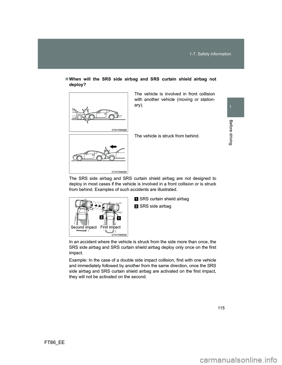 TOYOTA GT86 2012 Owners Manual 115 1-7. Safety information
1
Before driving
FT86_EE
When will the SRS side airbag and SRS curtain shield airbag not
deploy?
The SRS side airbag and SRS curtain shield airbag are not designed to
de TOYOTA GT86 2012 Owners Manual 115 1-7. Safety information
1
Before driving
FT86_EE
When will the SRS side airbag and SRS curtain shield airbag not
deploy?
The SRS side airbag and SRS curtain shield airbag are not designed to
de