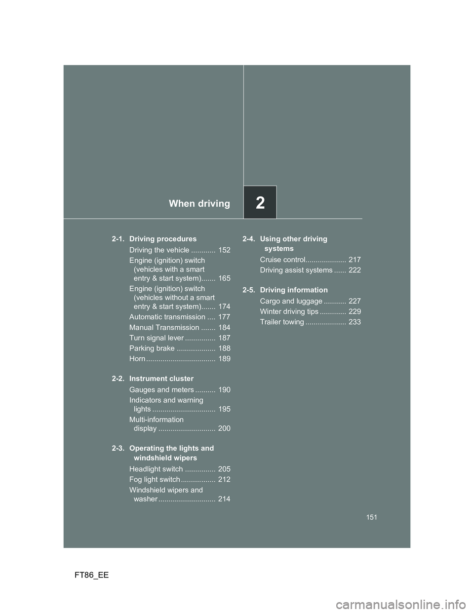 TOYOTA GT86 2012 Owners Manual 2When driving
151
FT86_EE
2-1. Driving procedures
Driving the vehicle ............ 152
Engine (ignition) switch
(vehicles with a smart
entry & start system)....... 165
Engine (ignition) switch
(v TOYOTA GT86 2012 Owners Manual 2When driving
151
FT86_EE
2-1. Driving procedures
Driving the vehicle ............ 152
Engine (ignition) switch
(vehicles with a smart
entry & start system)....... 165
Engine (ignition) switch
(v