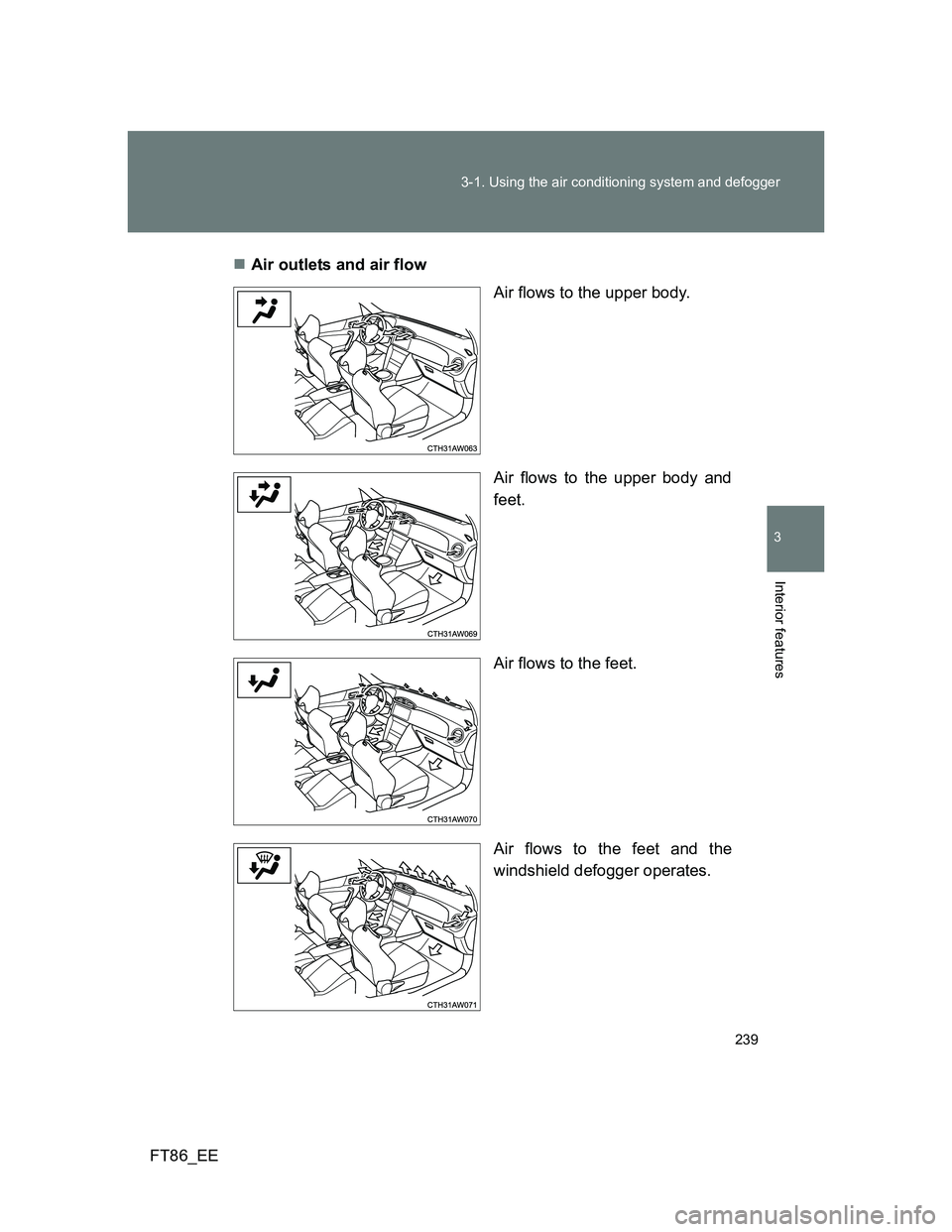 TOYOTA GT86 2012  Owners Manual 239 3-1. Using the air conditioning system and defogger
3
Interior features
FT86_EEAir outlets and air flow
Air flows to the upper body.
Air flows to the upper body and
feet.
Air flows to the feet.