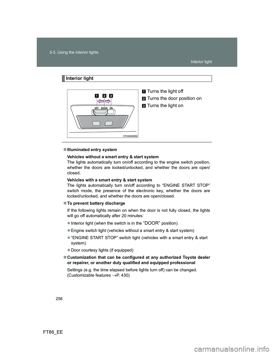 TOYOTA GT86 2012 Owners Manual 256 3-3. Using the interior lights
FT86_EE
Interior light
Turns the light off
Turns the door position on
Turns the light on
Illuminated entry system
Vehicles without a smart entry & start system
Th TOYOTA GT86 2012 Owners Manual 256 3-3. Using the interior lights
FT86_EE
Interior light
Turns the light off
Turns the door position on
Turns the light on
Illuminated entry system
Vehicles without a smart entry & start system
Th