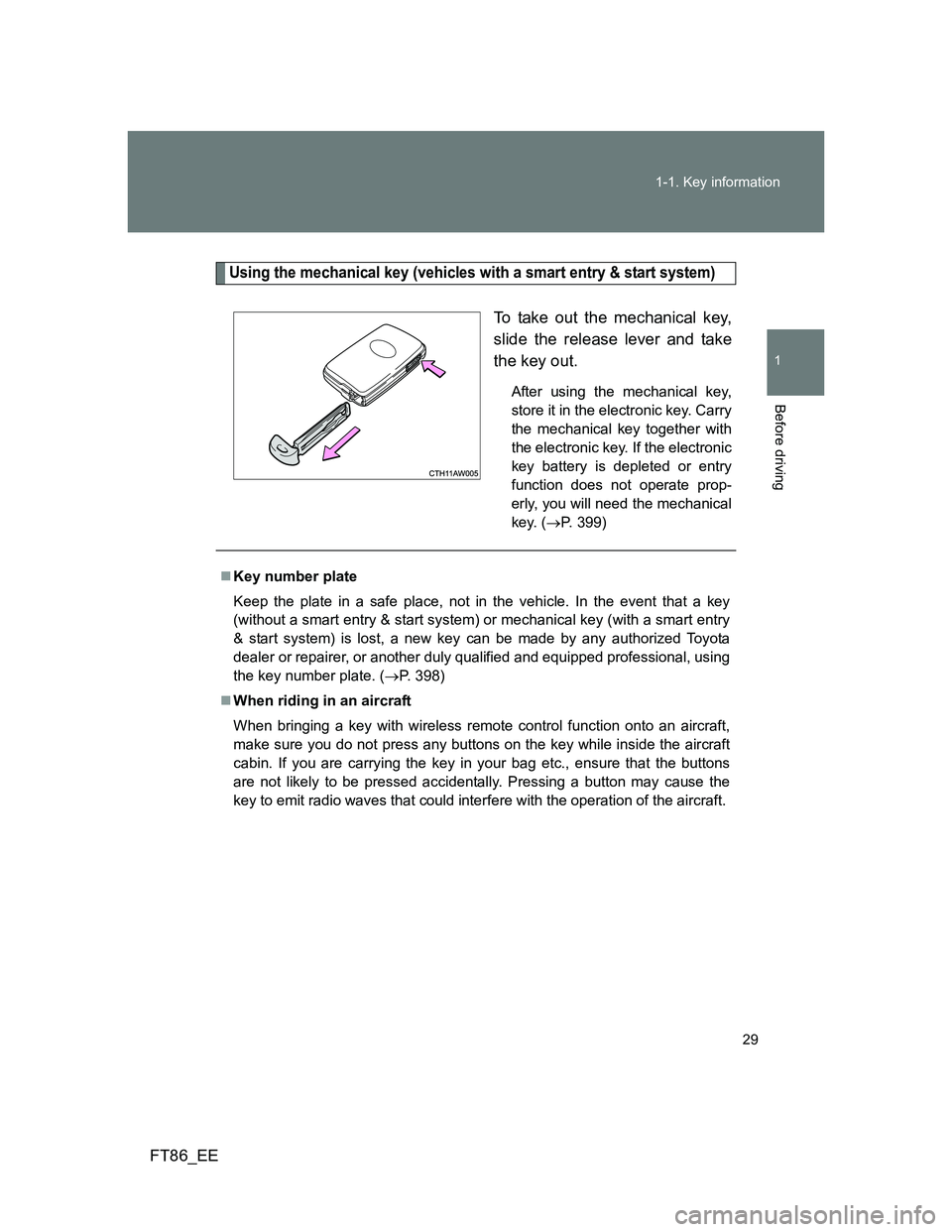 TOYOTA GT86 2012  Owners Manual 29 1-1. Key information
1
Before driving
FT86_EE
Using the mechanical key (vehicles with a smart entry & start system)
To take out the mechanical key,
slide the release lever and take
the key out.
Aft