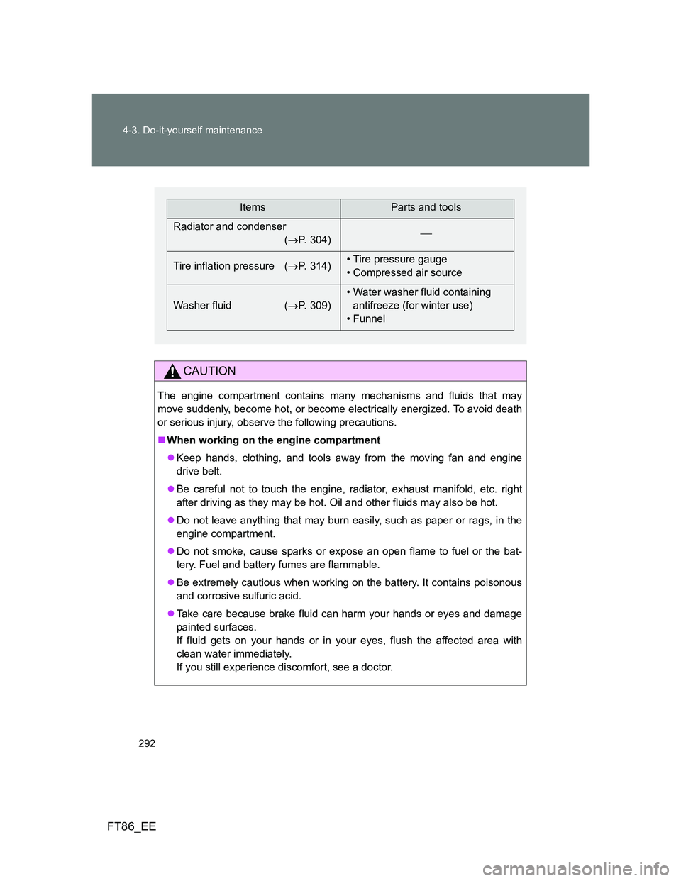 TOYOTA GT86 2012 Owners Manual 292 4-3. Do-it-yourself maintenance
FT86_EE
CAUTION
The engine compartment contains many mechanisms and fluids that may
move suddenly, become hot, or become electrically energized. To avoid death
or s TOYOTA GT86 2012 Owners Manual 292 4-3. Do-it-yourself maintenance
FT86_EE
CAUTION
The engine compartment contains many mechanisms and fluids that may
move suddenly, become hot, or become electrically energized. To avoid death
or s