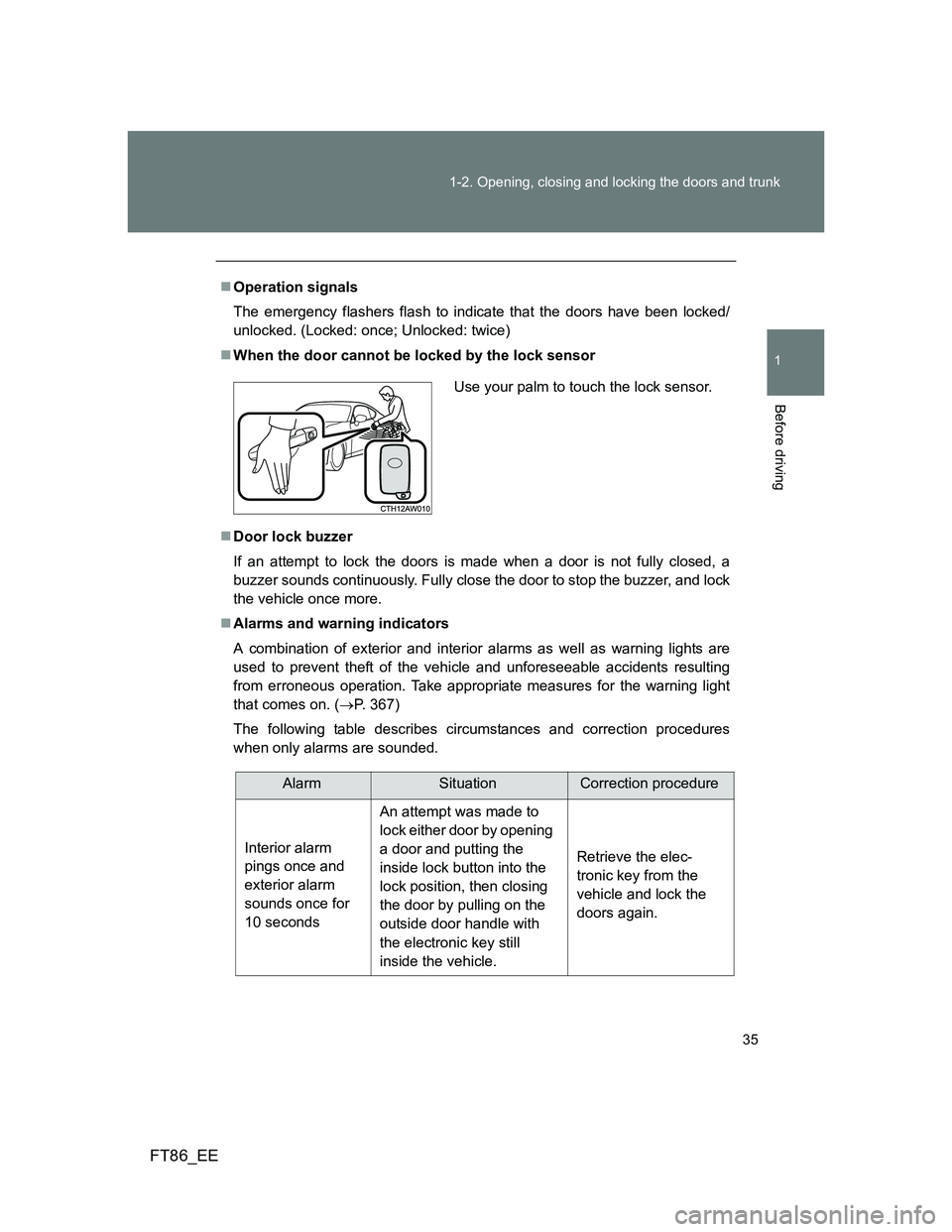 TOYOTA GT86 2012  Owners Manual 35 1-2. Opening, closing and locking the doors and trunk
1
Before driving
FT86_EE
Operation signals
The emergency flashers flash to indicate that the doors have been locked/
unlocked. (Locked: once