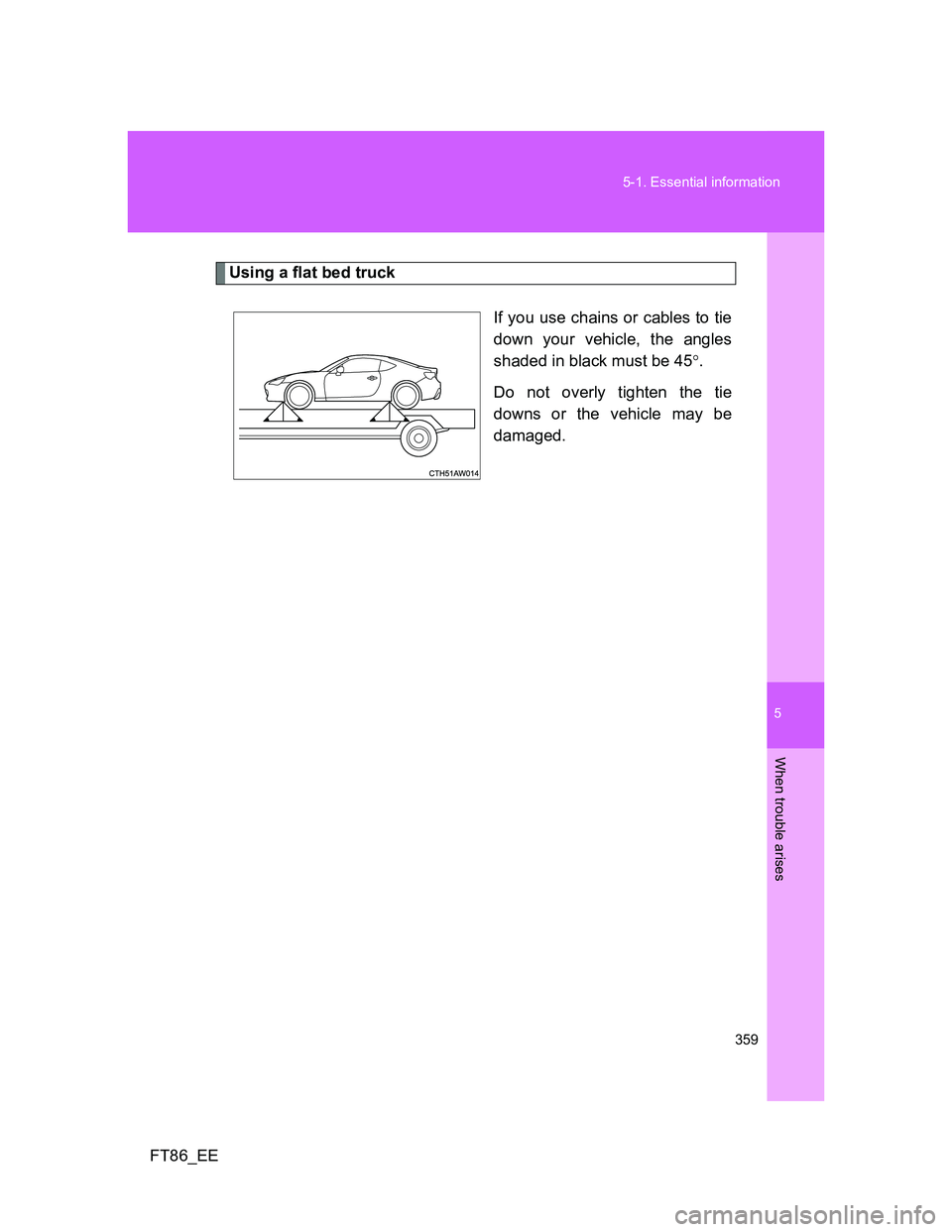 TOYOTA GT86 2012 Owners Manual 5
359 5-1. Essential information
When trouble arises
FT86_EE
Using a flat bed truck
If you use chains or cables to tie
down your vehicle, the angles
shaded in black must be 45.
Do not overly tighte TOYOTA GT86 2012 Owners Manual 5
359 5-1. Essential information
When trouble arises
FT86_EE
Using a flat bed truck
If you use chains or cables to tie
down your vehicle, the angles
shaded in black must be 45.
Do not overly tighte