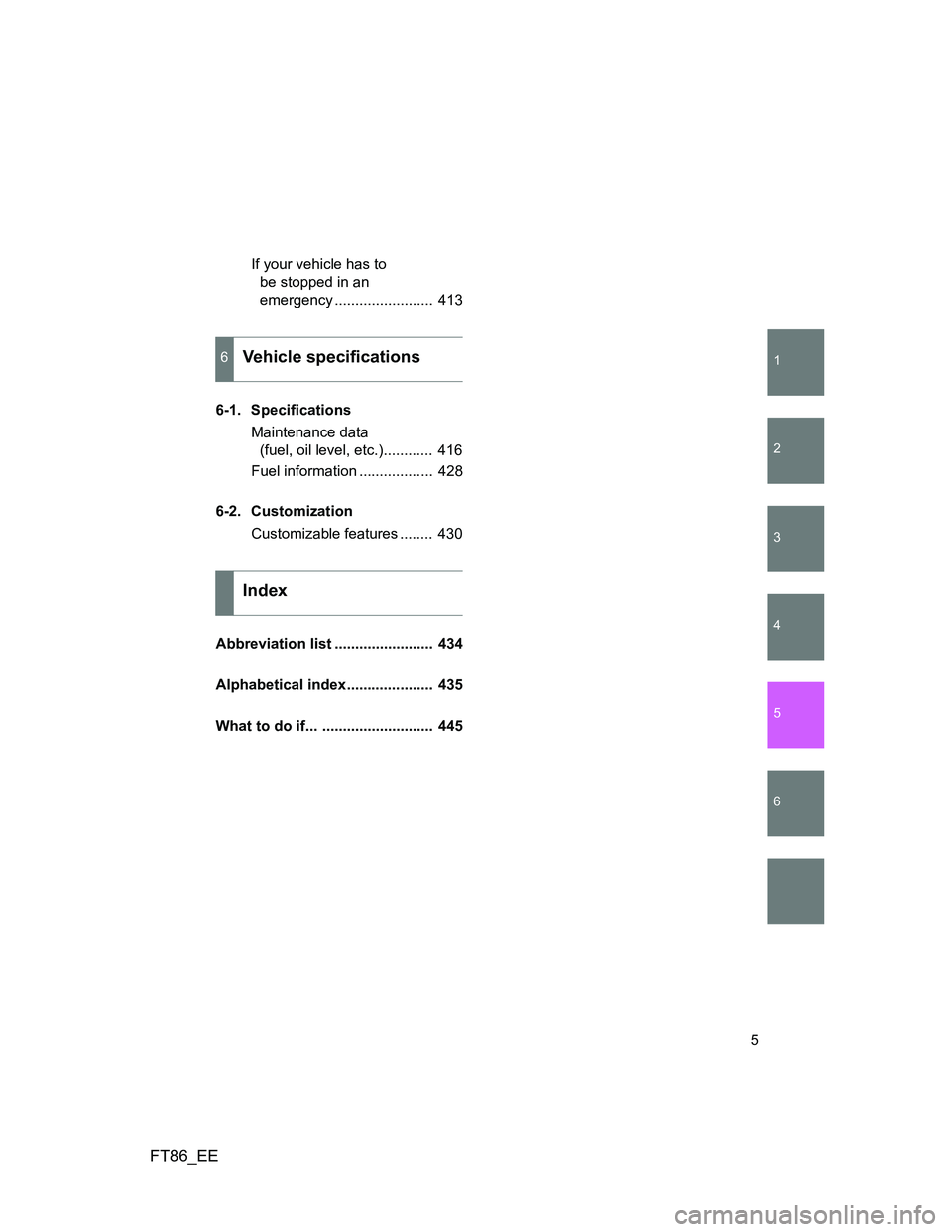 TOYOTA GT86 2012  Owners Manual 1
2
3
4
5
6
FT86_EE
5
If your vehicle has to 
be stopped in an 
emergency ........................  413
6-1. Specifications
Maintenance data 
(fuel, oil level, etc.)............  416
Fuel information 