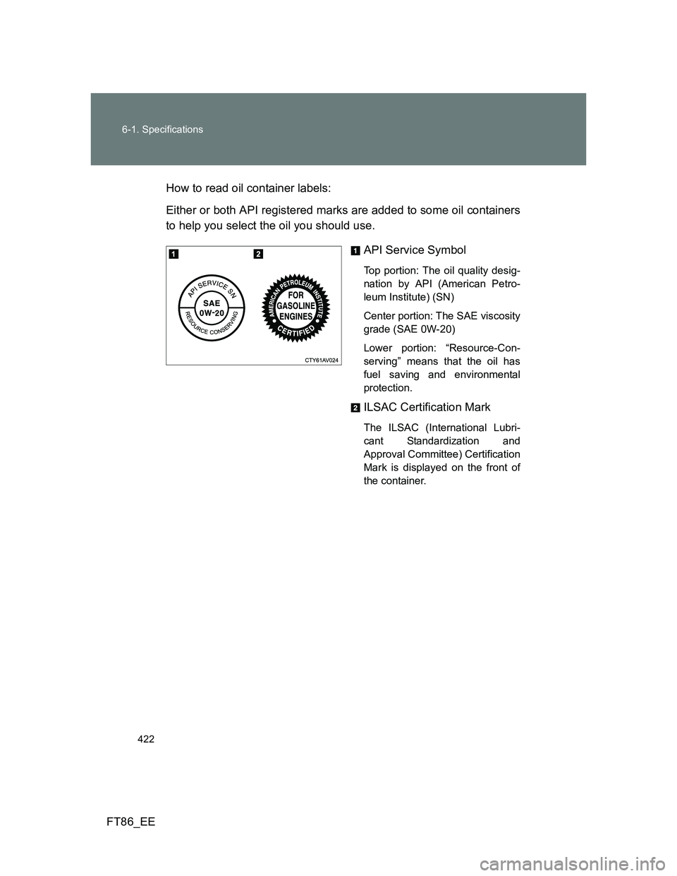 TOYOTA GT86 2012 Owners Manual 422 6-1. Specifications
FT86_EEHow to read oil container labels:
Either or both API registered marks are added to some oil containers
to help you select the oil you should use.
API Service Symbol
Top TOYOTA GT86 2012 Owners Manual 422 6-1. Specifications
FT86_EEHow to read oil container labels:
Either or both API registered marks are added to some oil containers
to help you select the oil you should use.
API Service Symbol
Top