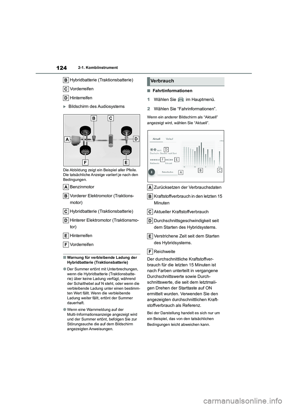 TOYOTA HIGHLANDER 2023  Betriebsanleitungen (in German) 1242-1. Kombiinstrument
Hybridbatterie (Traktionsbatterie) 
Vorderreifen 
Hinterreifen
Bildschirm des Audiosystems
Die Abbildung zeigt ein Beispiel aller Pfeile.  Die tatsächliche Anzeige variiert