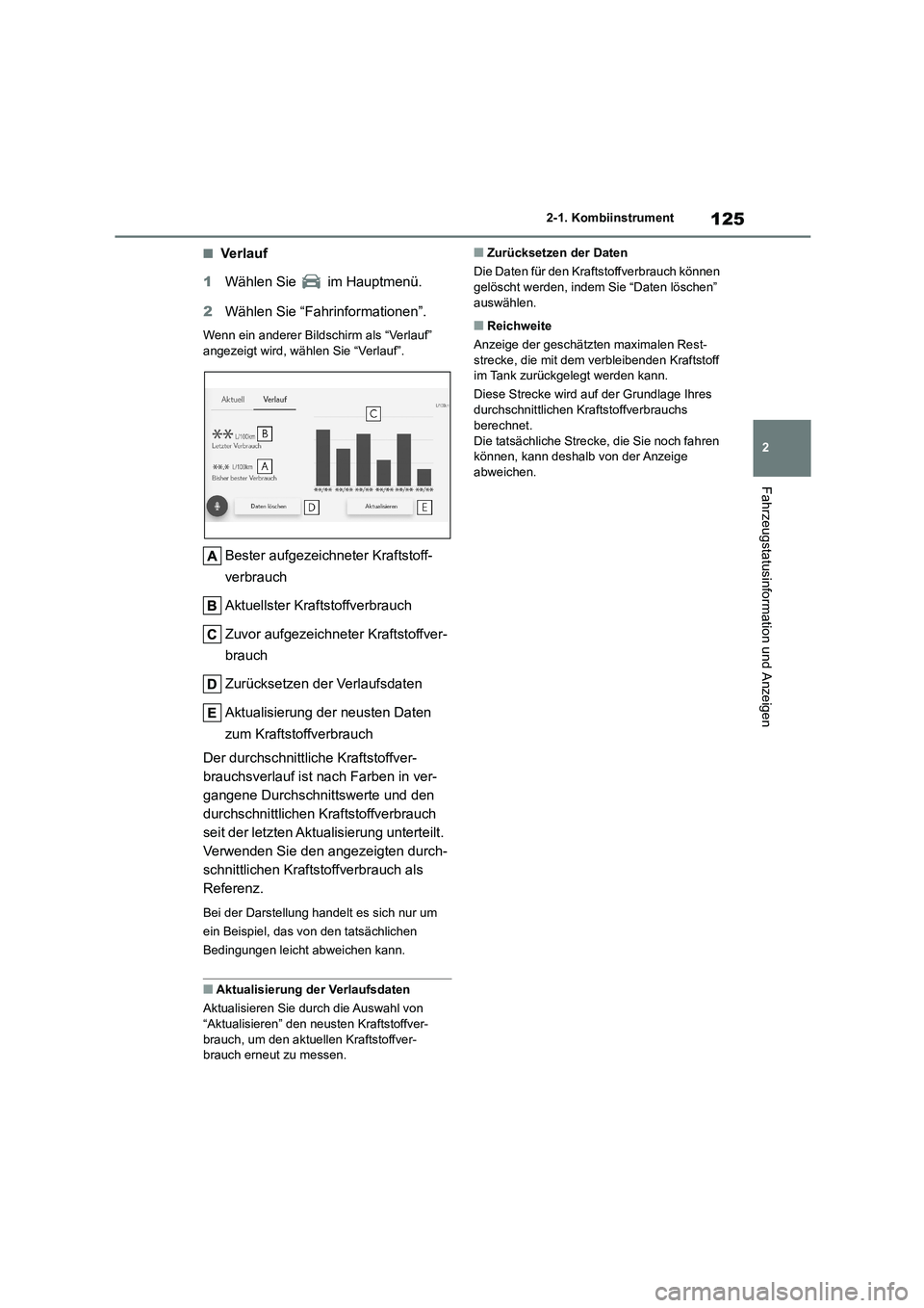 TOYOTA HIGHLANDER 2023  Betriebsanleitungen (in German) 125
2 
2-1. Kombiinstrument
Fahrzeugstatusinformation und Anzeigen
■Ve r la uf 
1 Wählen Sie   im Hauptmenü. 
2 Wählen Sie “Fahrinformationen”.
Wenn ein anderer Bildschirm als “Verlauf”  